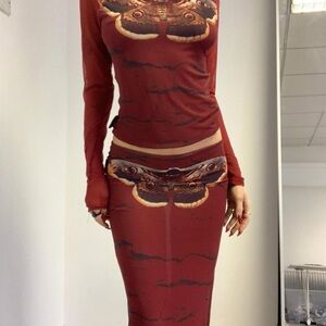 Tora Lily Red Sheer Long Sleeve Top with Moth Design